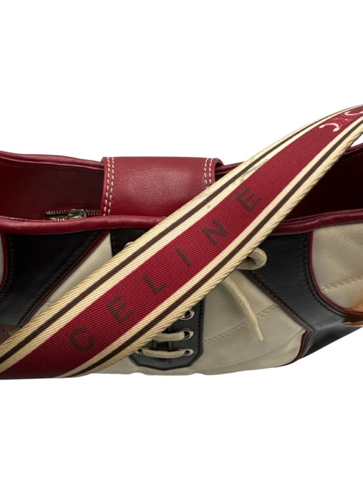 Celine Red, White, Brown Leather Lace Up Magnetic Flap Shoulder Hobo Bag Red, White, Brown / XS