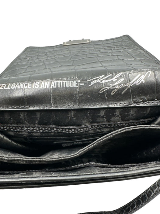 Karl Lagerfeld Black Leather Embossed Gunmetal Hardware Rectangular Bag Black / S
