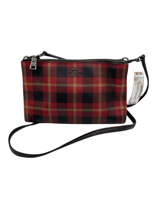 Coach Red & Black Coated Canvas & Leather Plaid Zip & Magnetic Close Bag Red & Black
