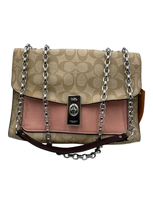 Coach Beige & Pink Coated Canvas & Leather Flap Monogram Logo Shoulder Bag Beige & Pink