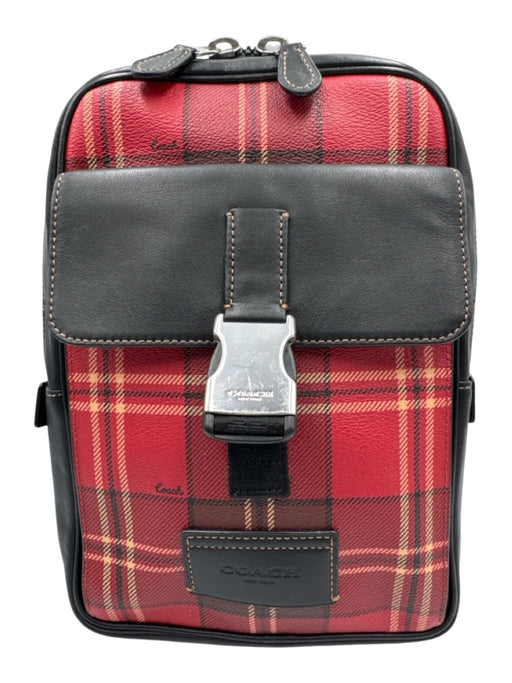 Coach Red & Black Coated Canvas & Leather Plaid Buckle Detail Zip Close Bag Red & Black