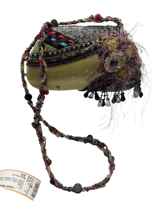Mary Frances Green, Red, Purple Textile Magnetic Snap Fringe Beaded Strap Bag Green, Red, Purple / XS