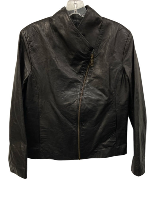 Size Large Black Leather Long Sleeve Zip Front Lapel Jacket Black / Large