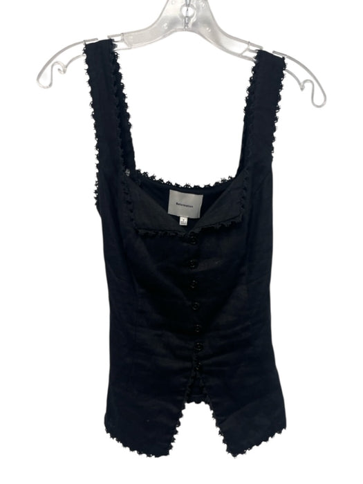 Reformation Size 6 Black Linen Sleeveless Lace Trim Button Detail Tie Detail Top Black / 6