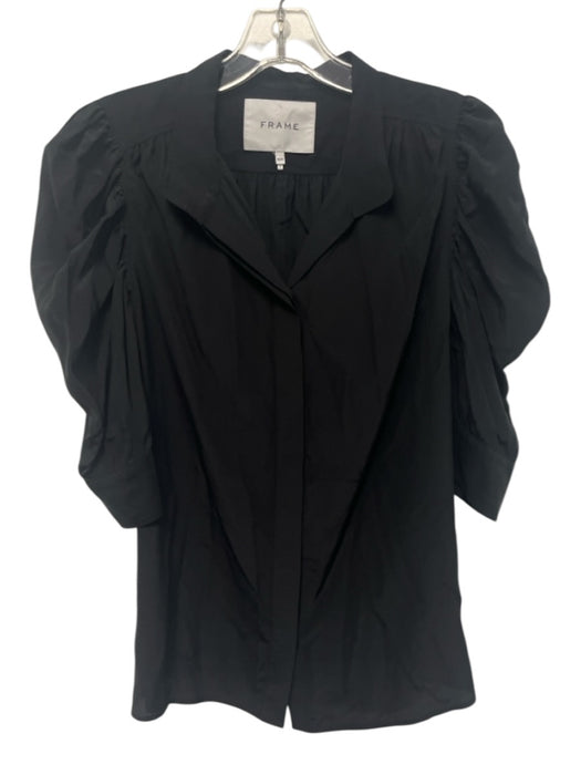 Frame Size Medium Black Silk Half Puff Sleeve Gathered Button Front Collar Top Black / Medium