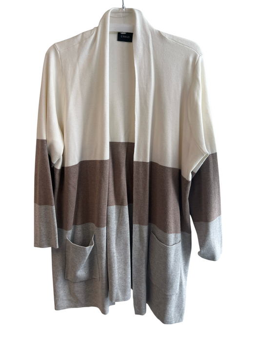Cyrus Size 3X White, Tan & Gray Rayon Blend Color Block Open Front Cardigan White, Tan & Gray / 3X