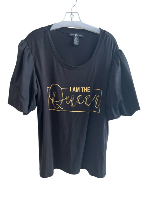 Ashley Stewart Size 22 Black Polyester Blend Half Puff Sleeve Gold Lettering Top Black / 22