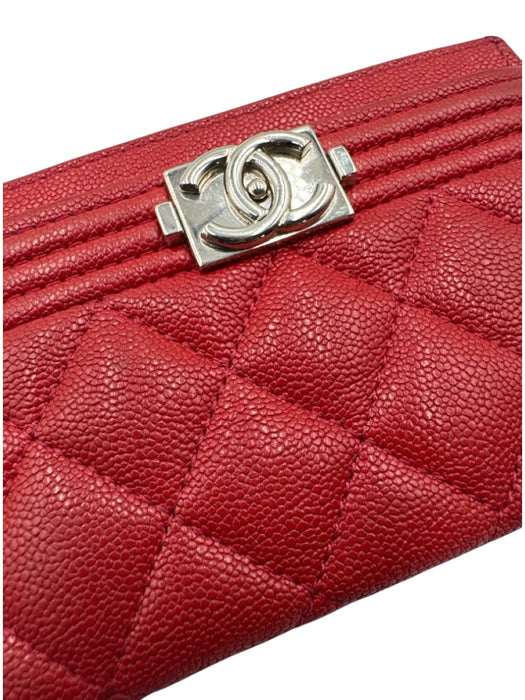 Chanel Red Leather silver tone hardware Quilted Logo Cardholder Wallets Red