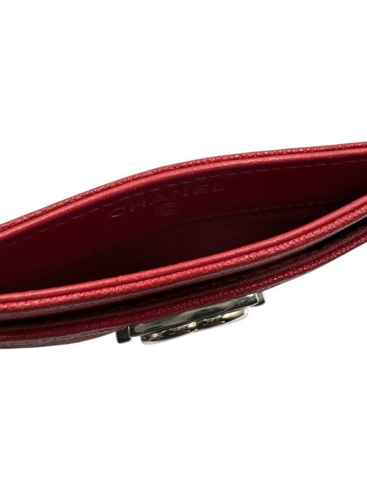 Chanel Red Leather silver tone hardware Quilted Logo Cardholder Wallets Red