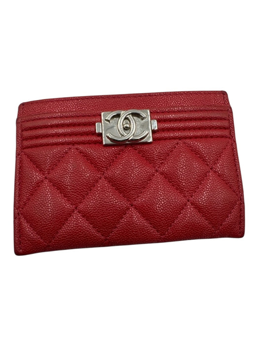 Chanel Red Leather silver tone hardware Quilted Logo Cardholder Wallets Red