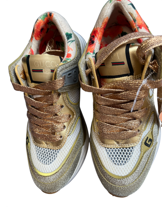 Gucci Shoe Size 36 Gold & Multi Shimmer Fabric Almond Toe Lace Up Low Top Shoes Gold & Multi / 36