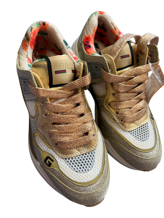 Gucci Shoe Size 36 Gold & Multi Shimmer Fabric Almond Toe Lace Up Low Top Shoes Gold & Multi / 36