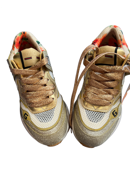 Gucci Shoe Size 36 Gold & Multi Shimmer Fabric Almond Toe Lace Up Low Top Shoes Gold & Multi / 36