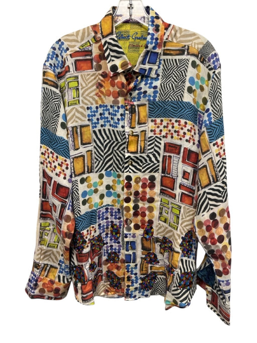Robert Graham Size L White & Multi Linen Abstract Button Up Long Sleeve Shirt White & Multi / L