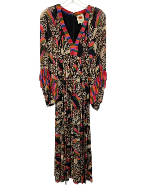 Farm Rio Size XS Black & Multi Viscose Long Balloon Sleeve Abstract Birds Dress Black & Multi / XS