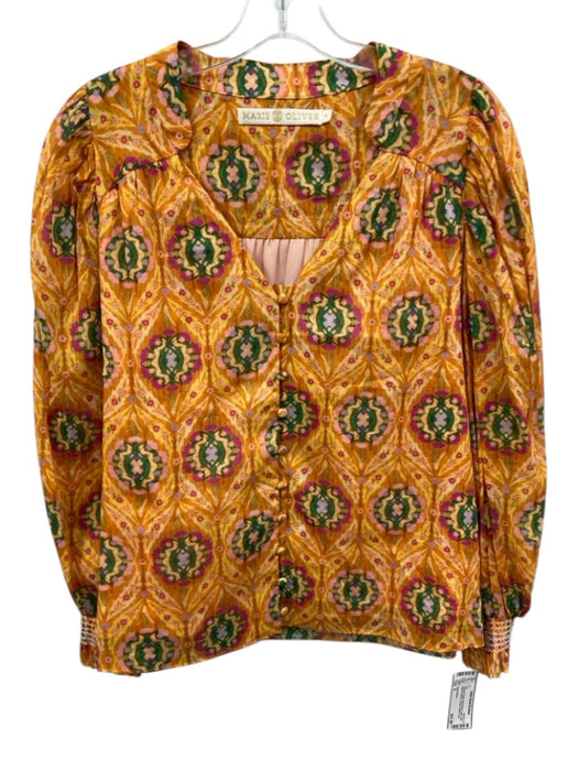 Marie Oliver Size S Orange & Multi Ramie Blend Ikat Long Balloon Sleeve Top Orange & Multi / S