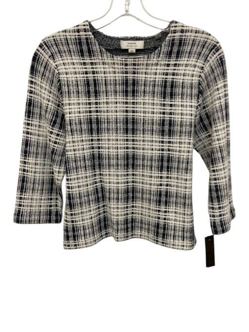 Vince Size M Navy Blue & White Cotton Blend Crosshatching Knit 3/4 Sleeve Top Navy Blue & White / M