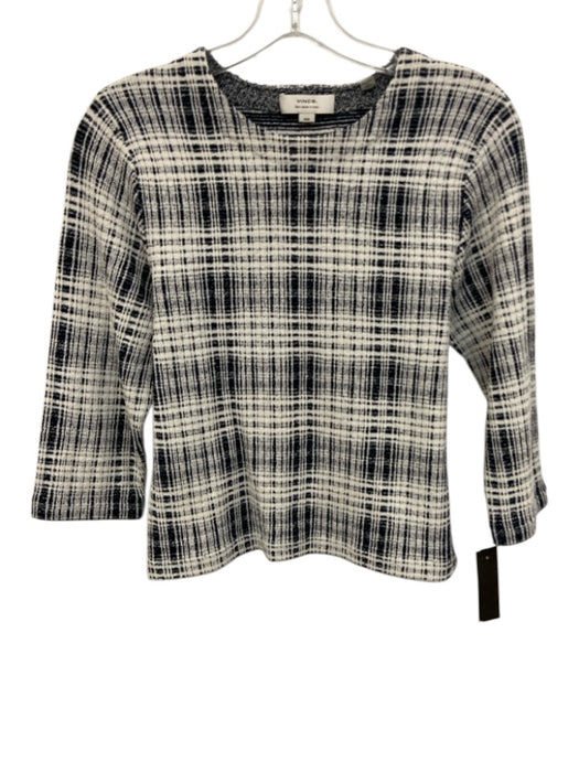Vince Size M Navy Blue & White Cotton Blend Crosshatching Knit 3/4 Sleeve Top Navy Blue & White / M