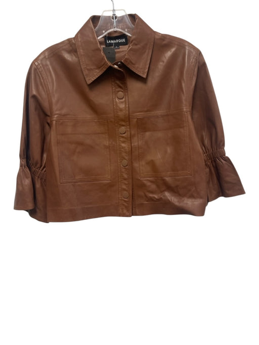 Lamarque Size S Brown Lamb leather Snap Button Front 1/2 Balloon Sleeve Top Brown / S