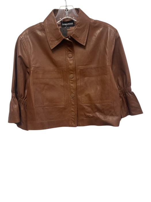 Lamarque Size S Brown Lamb leather Snap Button Front 1/2 Balloon Sleeve Top Brown / S