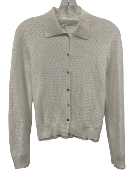 Vince Size S White Cotton Blend Perforated Knit Button Front Collared Sweater White / S