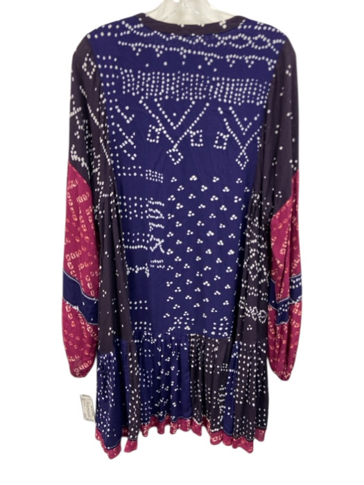 Free People Size L Indigo Purple & White Viscose Long Balloon Sleeve Dress Indigo Purple & White / L