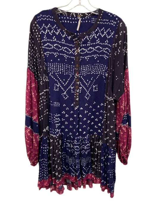 Free People Size L Indigo Purple & White Viscose Long Balloon Sleeve Dress Indigo Purple & White / L