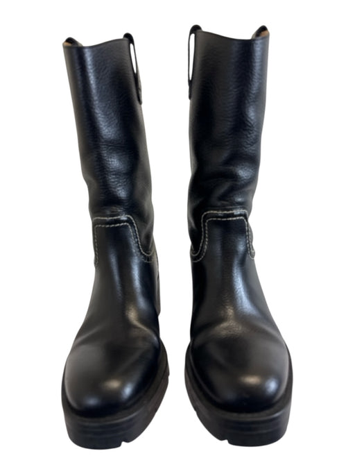 Chloe Shoe Size 38 Black Leather Contrast Stitch Pull Tab Block Heel Boots Black / 38