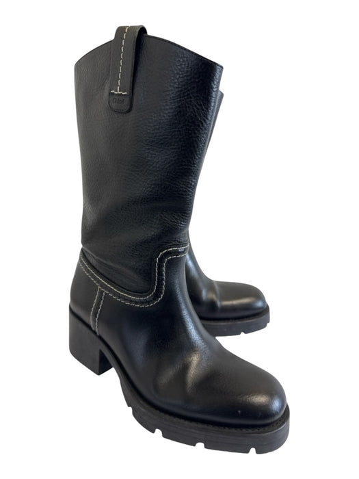 Chloe Shoe Size 38 Black Leather Contrast Stitch Pull Tab Block Heel Boots Black / 38