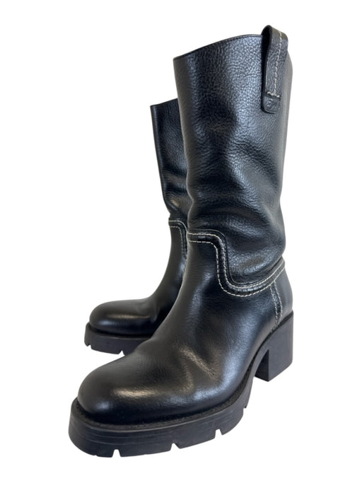 Chloe Shoe Size 38 Black Leather Contrast Stitch Pull Tab Block Heel Boots Black / 38