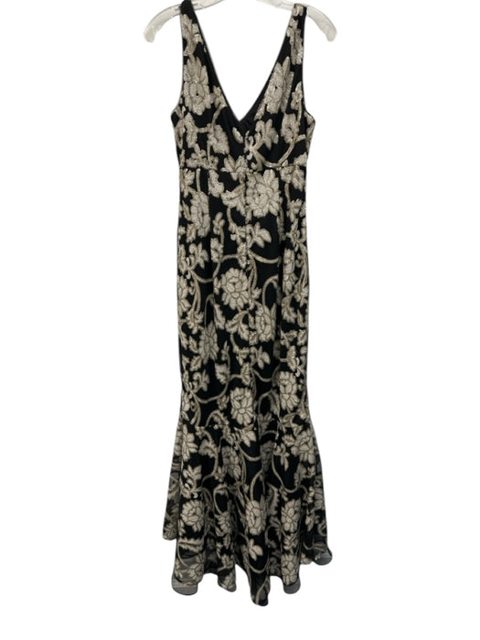 Calvin Klein Size 10 Black, White, Taupe Polyester Double V Floral Sequined Gown Black, White, Taupe / 10