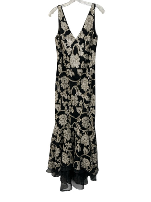 Calvin Klein Size 10 Black, White, Taupe Polyester Double V Floral Sequined Gown Black, White, Taupe / 10