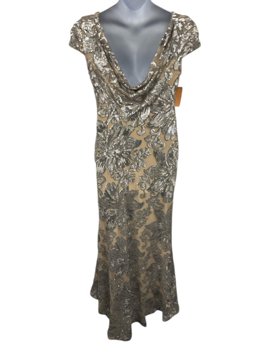 Calvin Klein Size 12 Silver & Beige Polyester Draped Back Sequined Abstract Gown Silver & Beige / 12