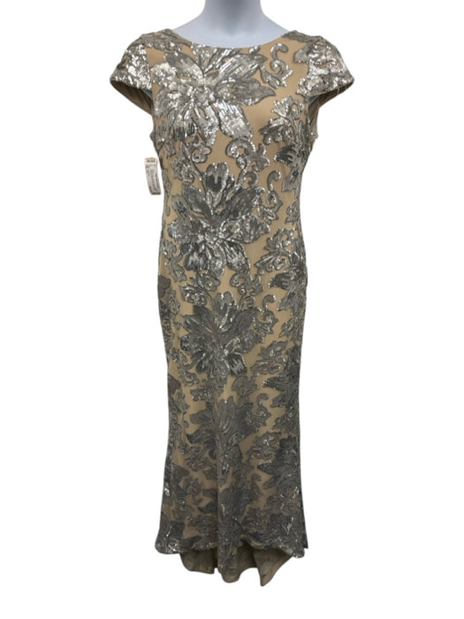 Calvin Klein Size 12 Silver & Beige Polyester Draped Back Sequined Abstract Gown Silver & Beige / 12