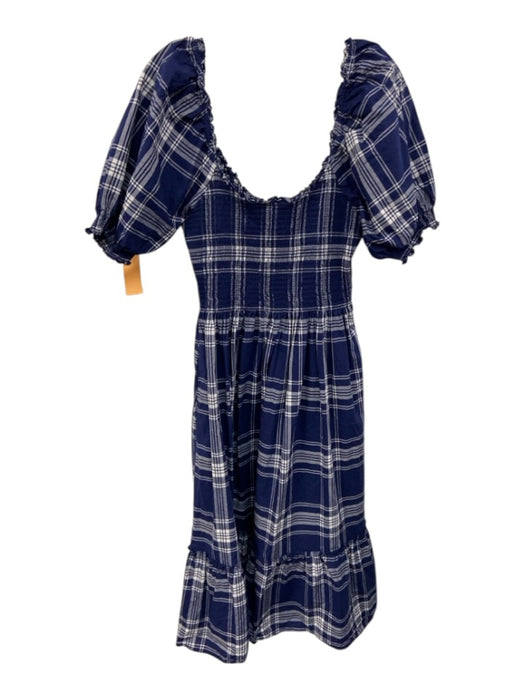 Hill House Size L Navy Blue & White Cotton Plaid Short Puff Sleeve U Neck Dress Navy Blue & White / L