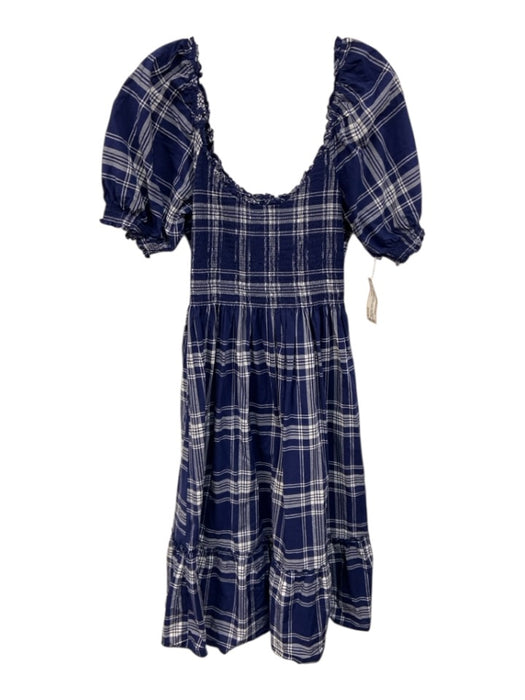 Hill House Size L Navy Blue & White Cotton Plaid Short Puff Sleeve U Neck Dress Navy Blue & White / L