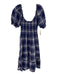 Hill House Size L Navy Blue & White Cotton Plaid Short Puff Sleeve U Neck Dress Navy Blue & White / L