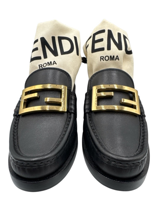 Fendi Shoe Size 37 Black Leather Gold hardware Logo Slip On Loafers Black / 37
