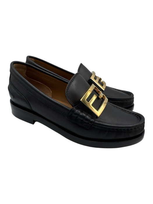 Fendi Shoe Size 37 Black Leather Gold hardware Logo Slip On Loafers Black / 37