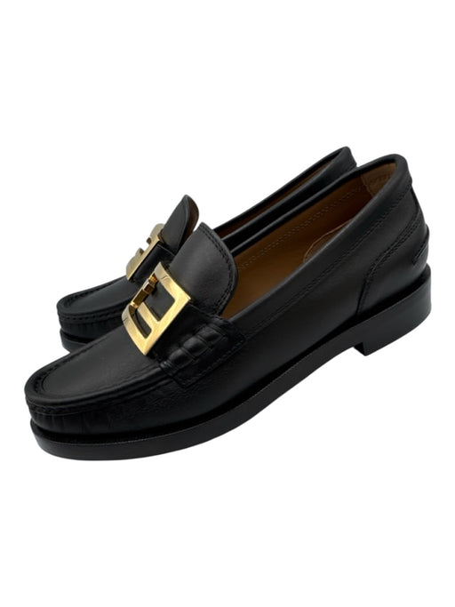 Fendi Shoe Size 37 Black Leather Gold hardware Logo Slip On Loafers Black / 37