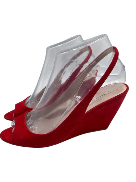 Miu Miu Shoe Size 37 Red Leather Suede Slingback Wedge Open Toe Sandals Red / 37
