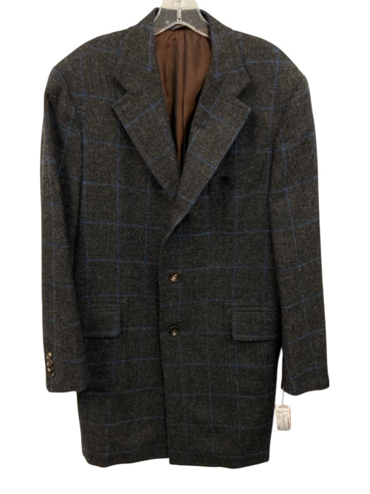Le Debotte Gray & Blue Wool Plaid Buttons Men's Coat Gray & Blue / Est L