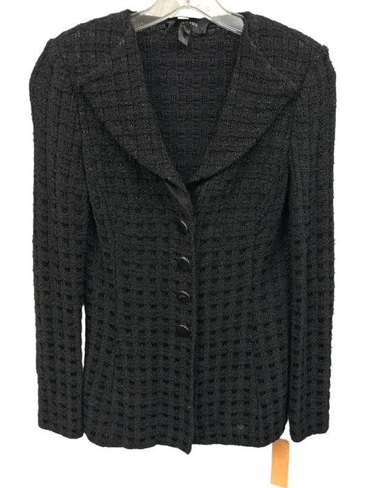 St John Size 2 Black Viscose Wool Blend Tweed Lapel Button Front Cardigan Black / 2