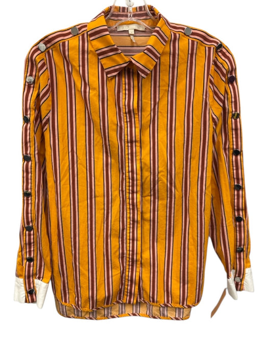 Maje Size 3 / L Orange Cotton Blend Button Detail Stripe Long Sleeve Top Orange / 3 / L