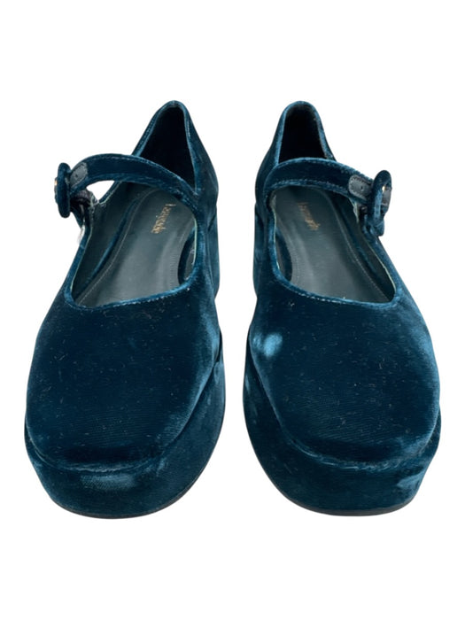 Larroude Shoe Size 6.5 Teal Blue Velour Leather Lining Mary Jane Buckle Shoes Teal Blue / 6.5