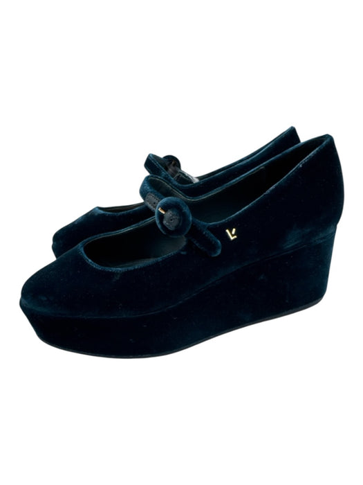Larroude Shoe Size 6.5 Teal Blue Velour Leather Lining Mary Jane Buckle Shoes Teal Blue / 6.5