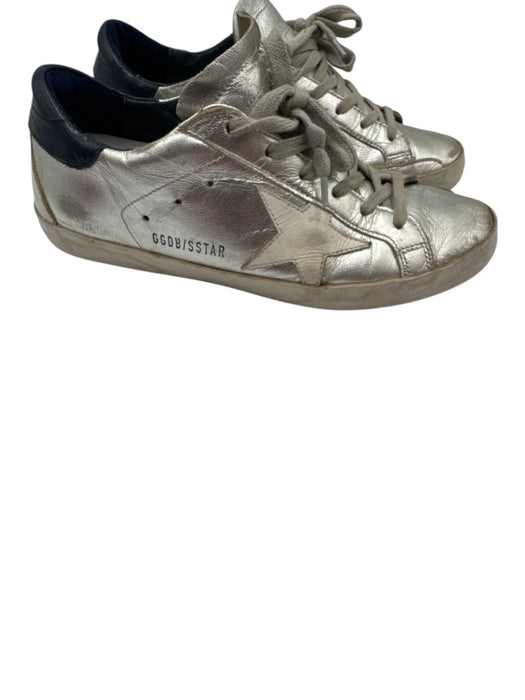 Golden Goose Shoe Size 36 Silver & Navy Leather Distressed Star Lace Up Sneakers Silver & Navy / 36