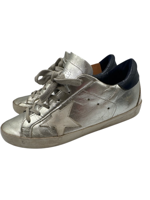 Golden Goose Shoe Size 36 Silver & Navy Leather Distressed Star Lace Up Sneakers Silver & Navy / 36