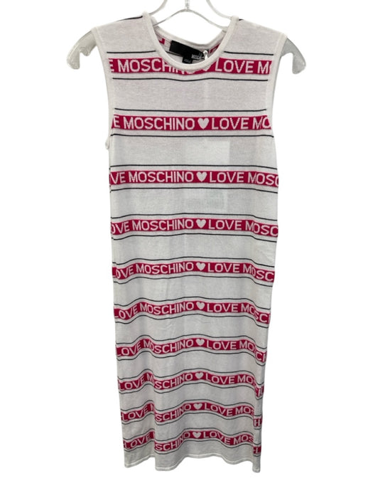 Love Moschino Size 40 White, Pink, Black Viscose Blend Knit Logo Dress White, Pink, Black / 40