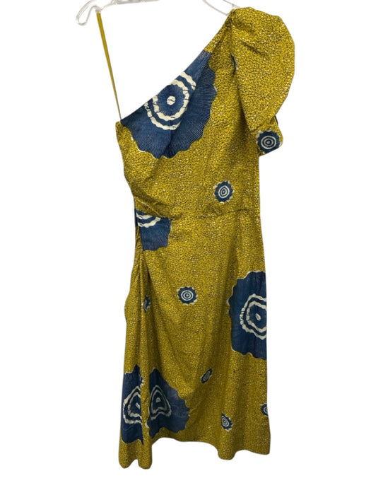 Ulla Johnson Size 2 Yellow & Blue Cotton Abstract One Shoulder Midi Dress Yellow & Blue / 2